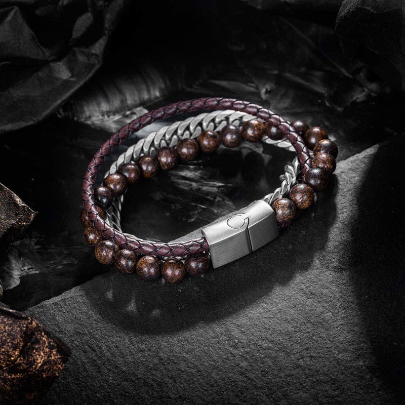 murtoo Mens Bead Leather Bracelet, Blue and Brown Bead and Leather Bracelet for Men (Brown-coffee) - Image 4